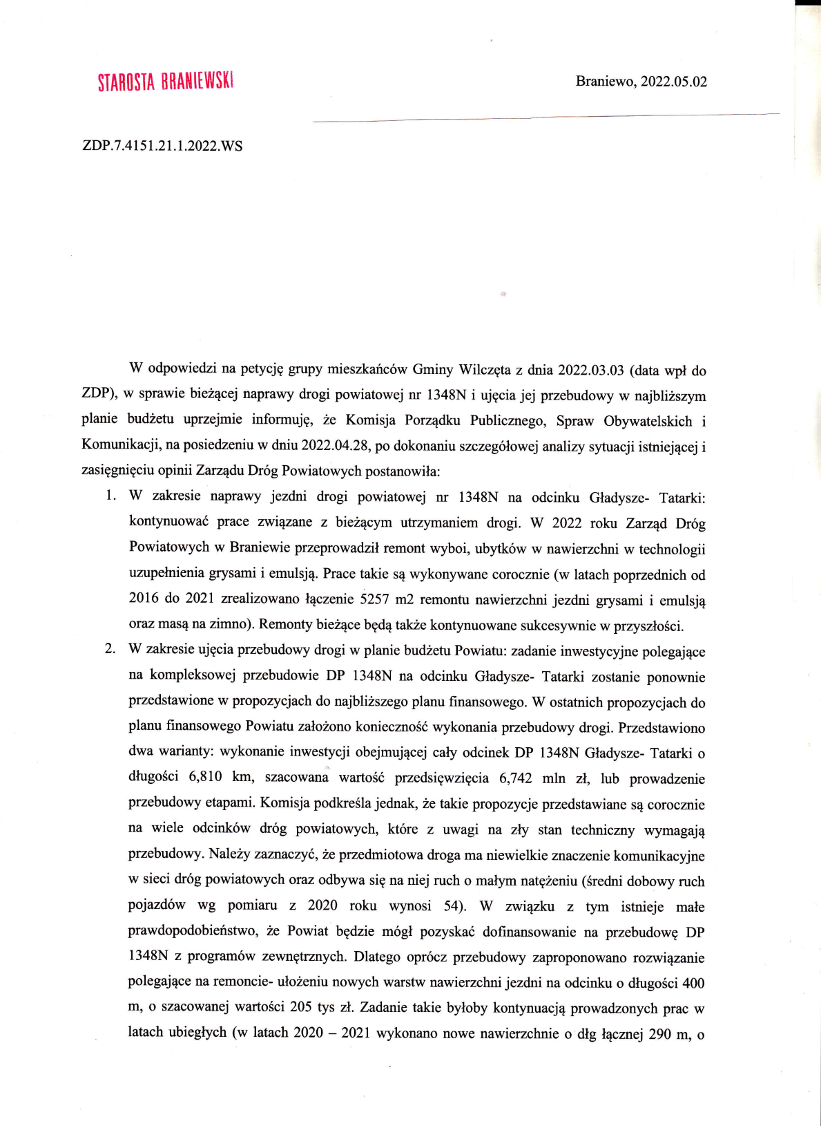 Petycja DP 1348N Gładysze - Tatarki 